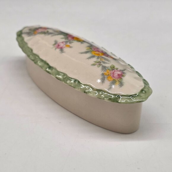 Floral Ceramic Trinket Box With Green Scalloped Edge & Pastel Design For Small J - Picture 4 of 7